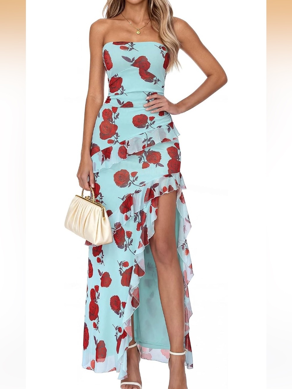 Strapless Sundress, Mesh, Ruffle Slit, Wedding Guest, Cocktail M. 517/DC2-3: